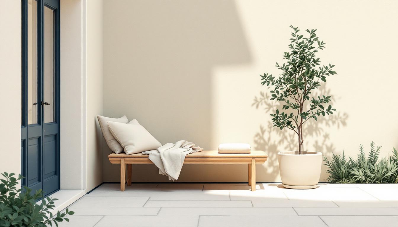 Lugn skandinavisk innergård med linneklädd träbänk och salviaplanta i mjukt morgonljus