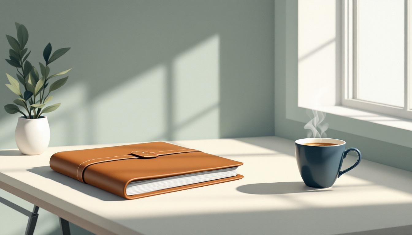 Minimalistiskt skrivbord med stängd läderportfölj, kaffekopp och sageväxt i morgonljus