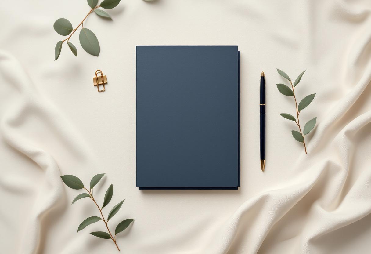 Översiktsbild uppifrån: slutna mappar i en prydlig stapel med reservoarpenna och salvia-blad