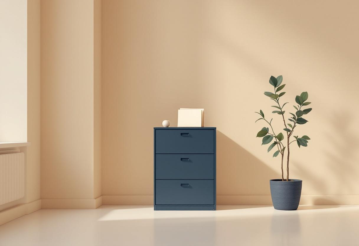 Slank arkivskåp i djup marinblå med stängd mapp och liten växt, dämpat krämfärgat rum