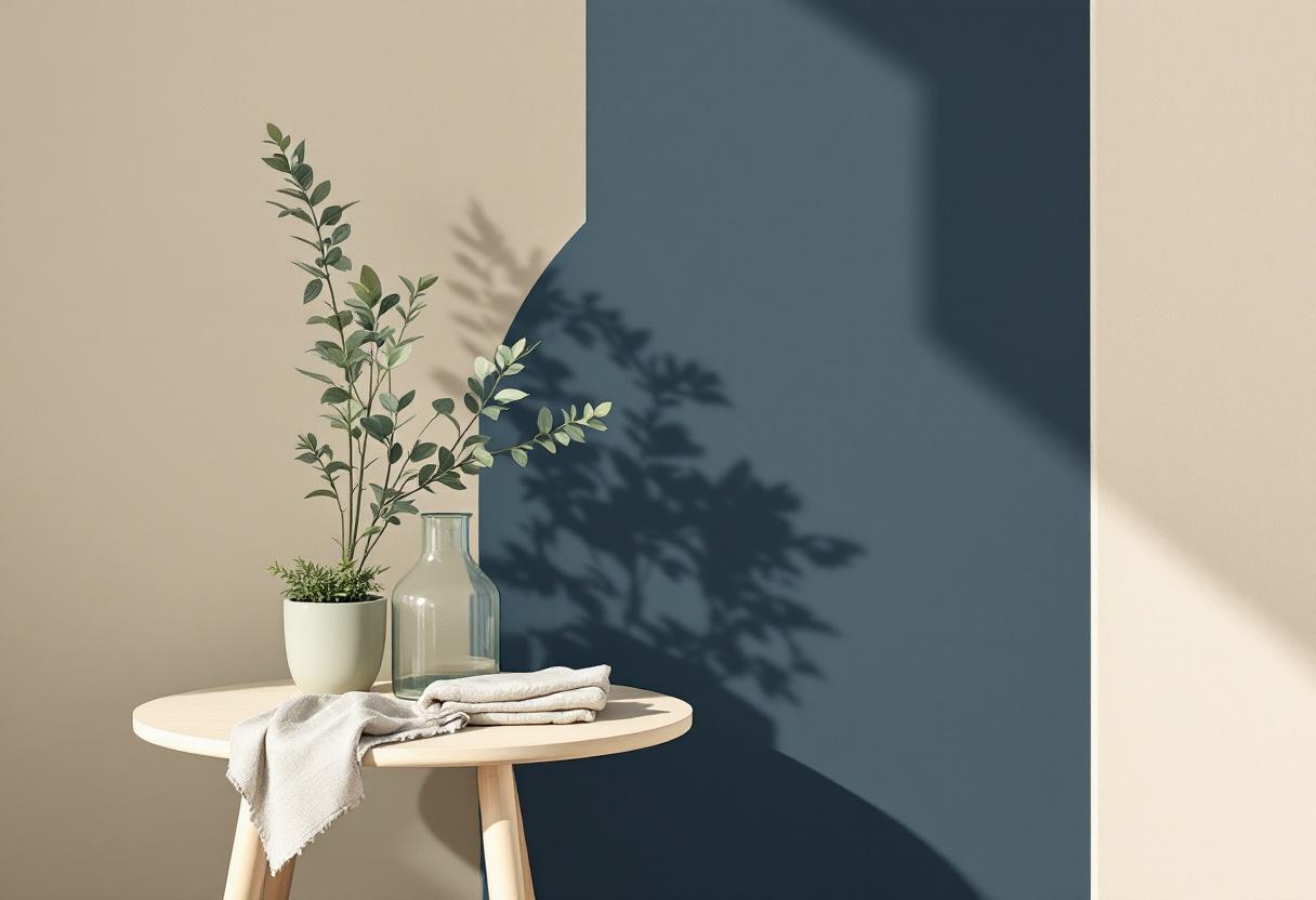 Stillsam scen: pale wood sidoplatta med glaskaraff, salviaväxt och linneduk