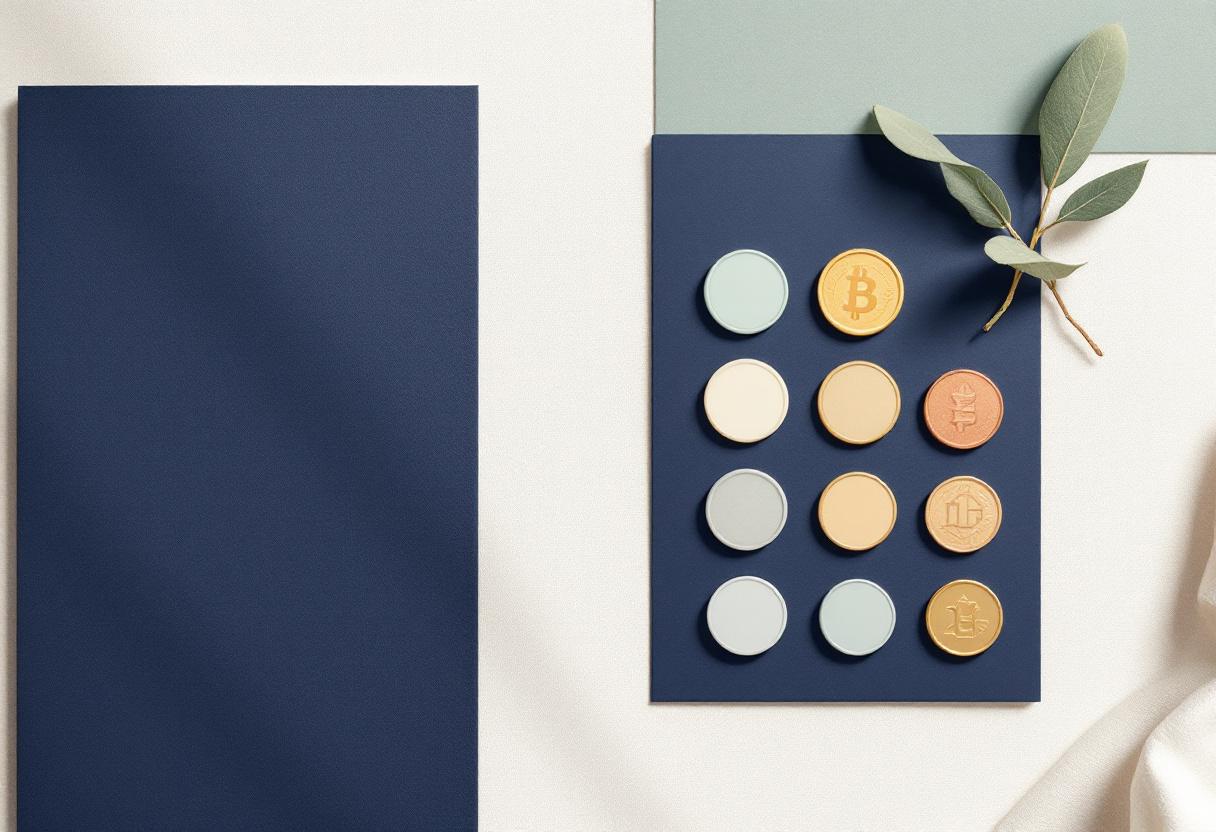 Hand bakifrån som lägger mynt i prydlig rad på linne, salviablad bredvid