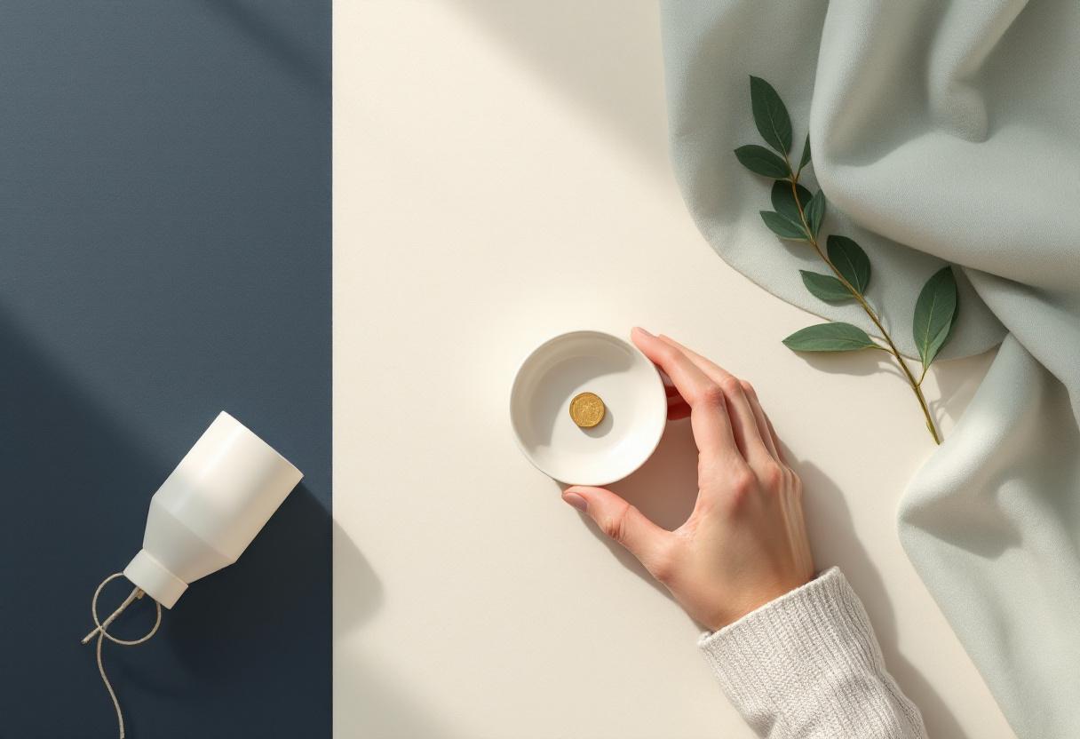 Hand bakifrån som lägger ett mynt i liten keramikskål på linnebord