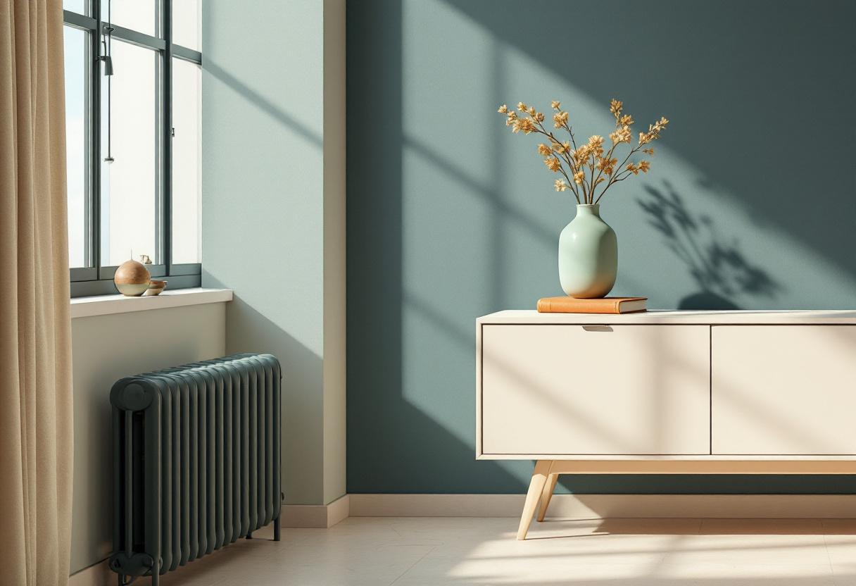 Minimalistisk inredning: salviagrön vas på ljus trähylla, mjukt ljus från fönster