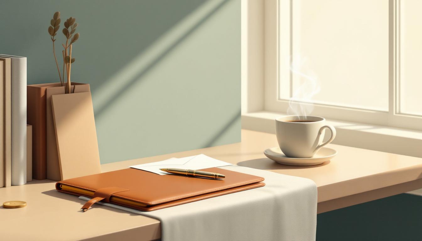 Stilla skandinavisk bild av en stängd brun läderportfölj på ett ekbord, en obruten brevpresentantsigill och en sage-grön kvist i mjukt morgonljus