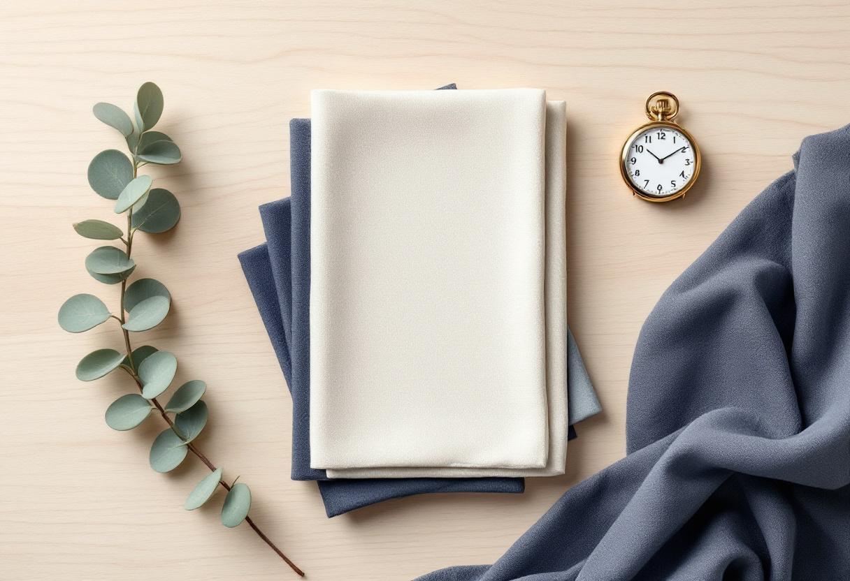 Stilla flat-lay med tre vikta linnedukar i graduerade toner på pale oak och en sluten brass-fickur