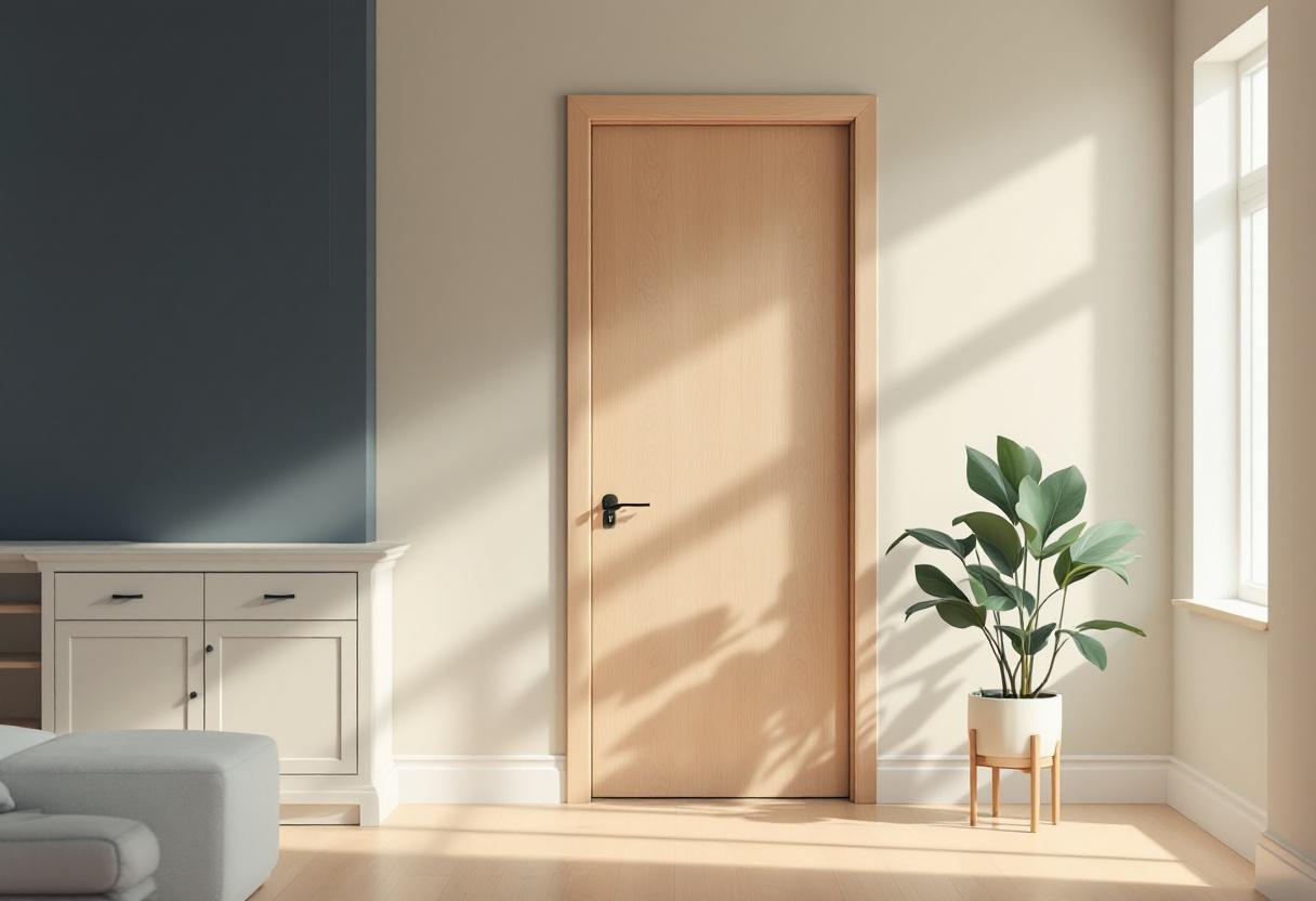 Lugn skandinavisk entré med en brass-nyckel på en pale oak hall-bord och en sage-grön krukväxt vid en stängd trädörr