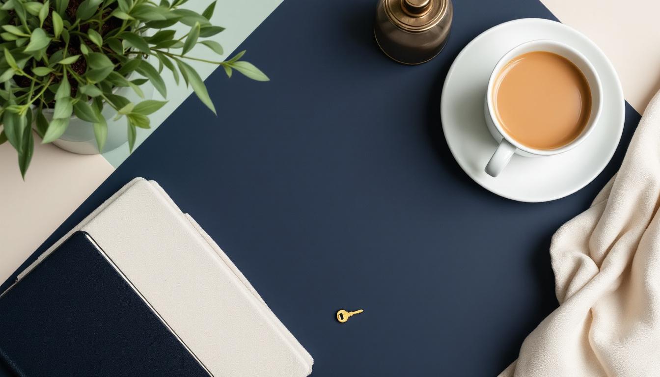 Marinblå skrivunderlägg sett uppifrån med en liten guldnyckel, en kaffekopp på fat, en stängd anteckningsbok och en grön krukväxt i mjukt ljus