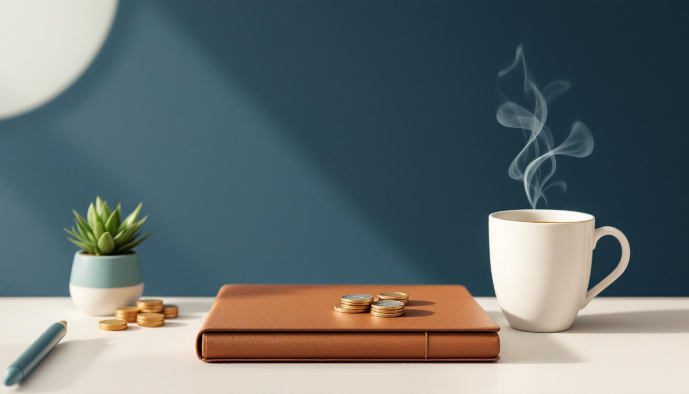 Litet myntmönster bredvid en sageväxt, stängd notebook och kaffekopp på ljust skrivbord