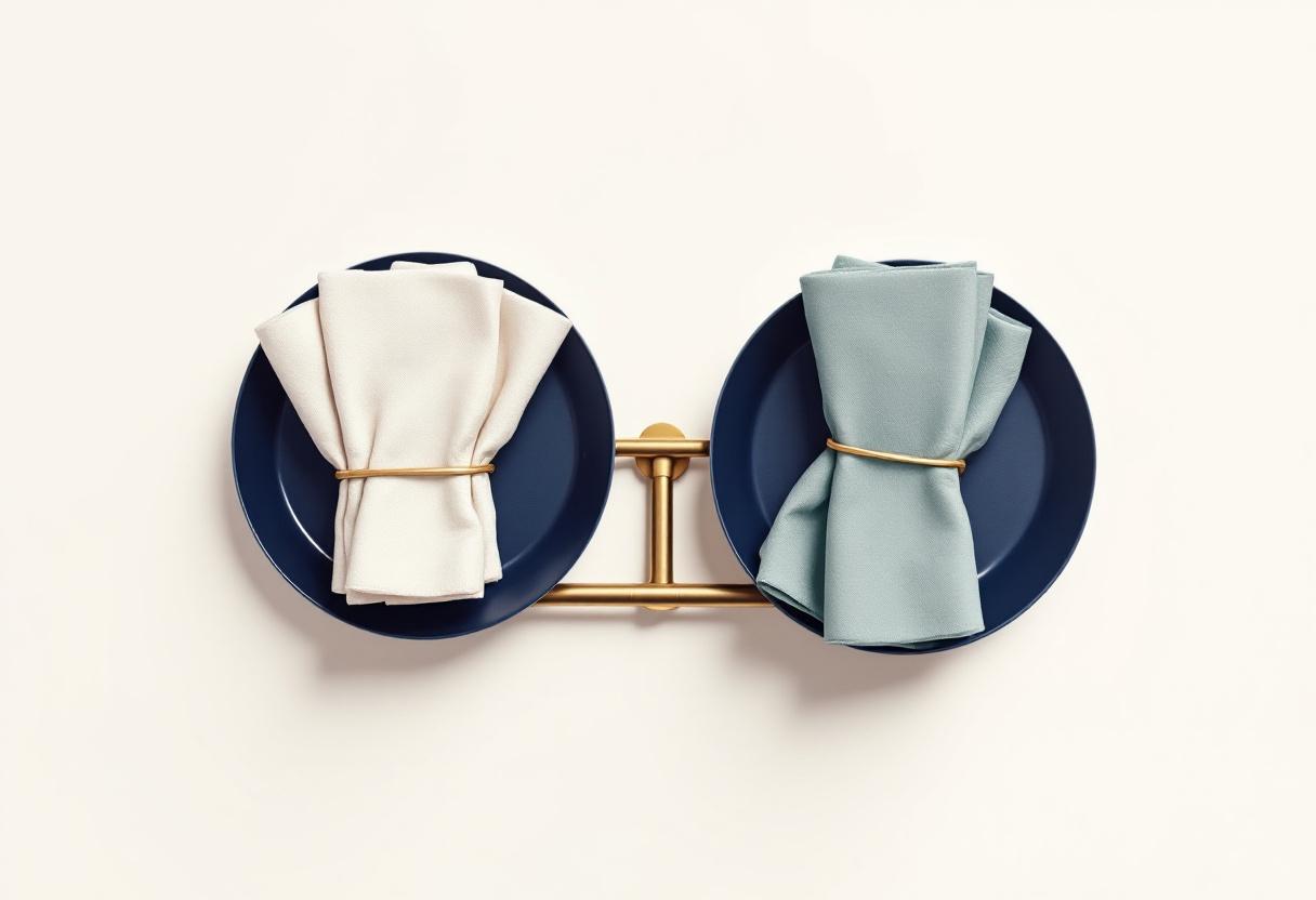 Stilla flat-lay med en mässingsvåg i perfekt balans där cream och sage linnedukar väger lika på pale oak