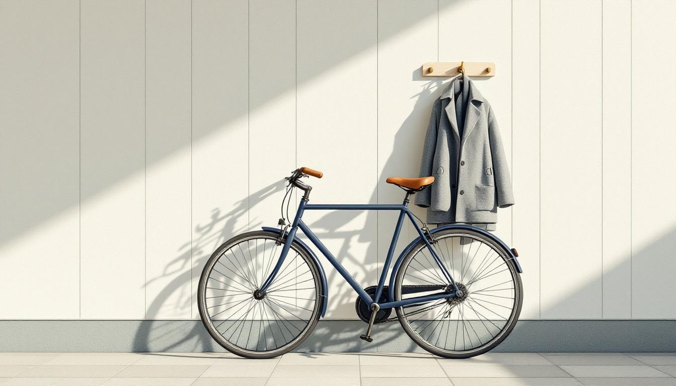 Stilla skandinavisk bild av en parkerad cykel mot en pale-oak vägg, en ljus pendeljacka på en krok, en keramisk kaffekopp och en sage-grön kvist i mjukt morgonljus