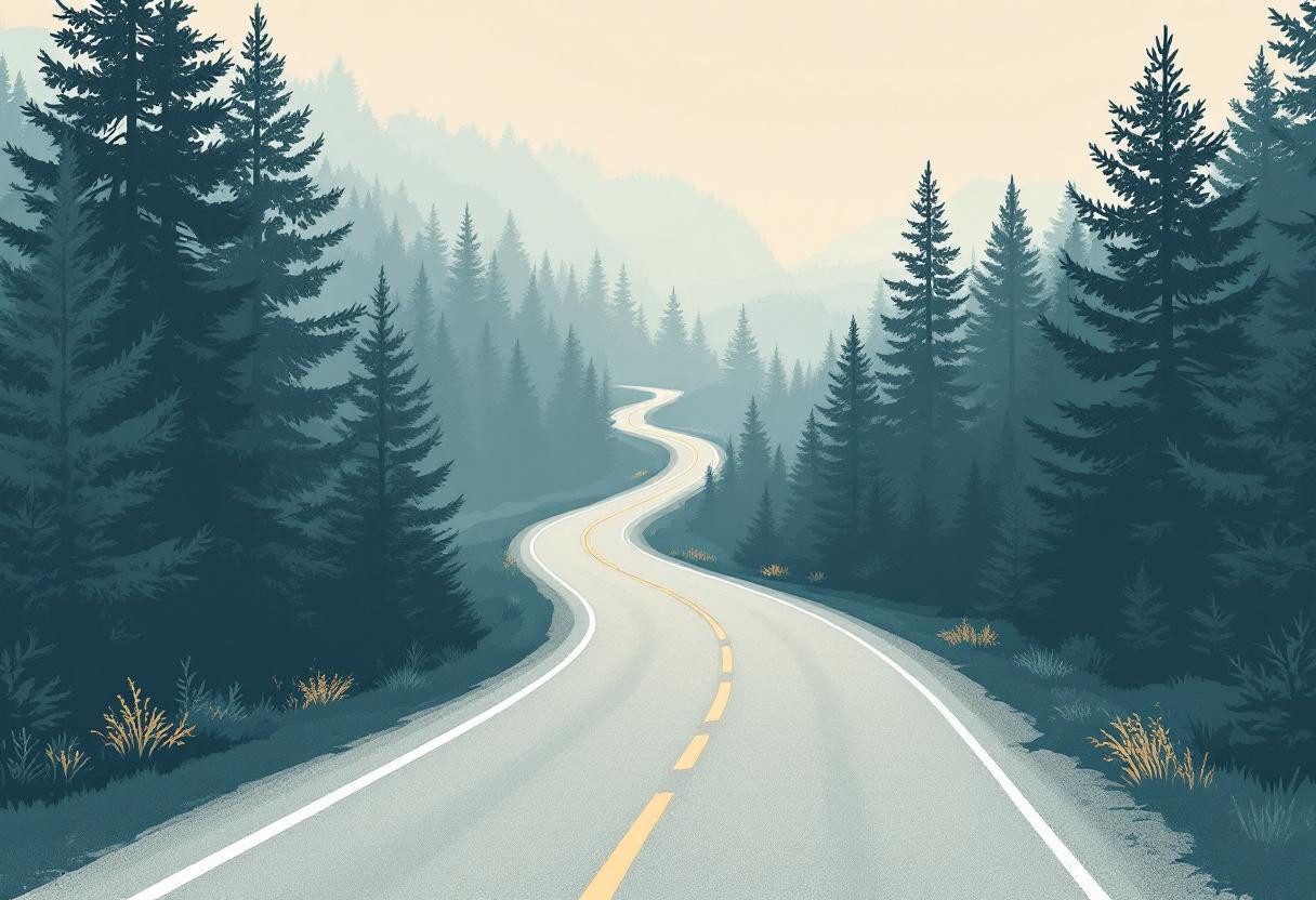 Tom slingrande landsväg genom pinjeskogen i mjukt morgonljus, atmosfäriskt och stilla