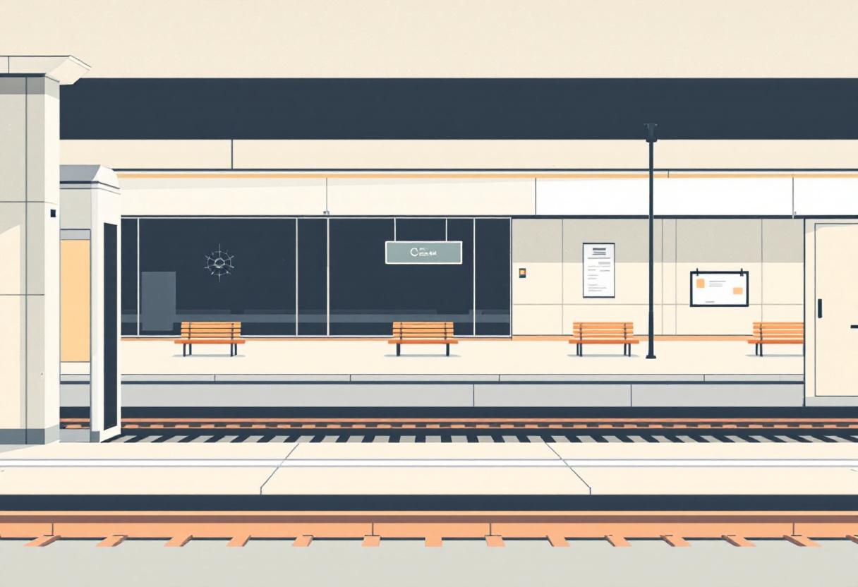 Tom perrong vid en lugn nordisk järnvägsstation i skymningen, ljus betong och varma träbänkar i mjukt amberljus