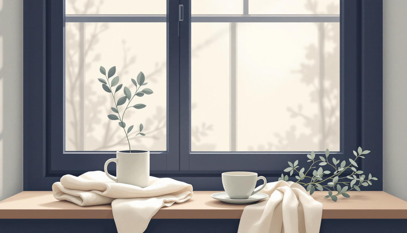 Modern editorial illustration of a calm Scandinavian windowsill with a ceramic mug, folded cream linen and a sage branch in soft morning light