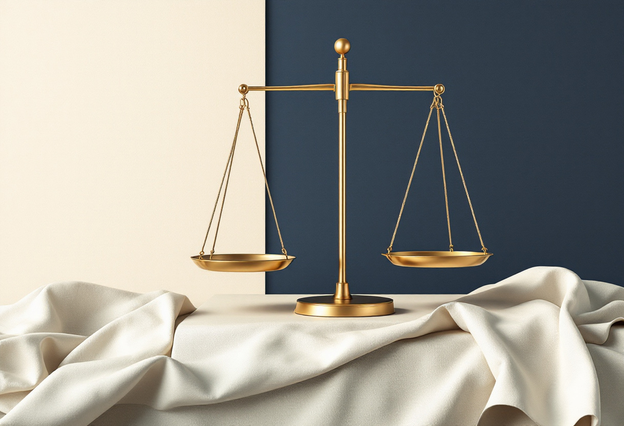 Modern editorial illustration of balanced brass scales on pale oak with cream and sage linen folds, no numbers visible