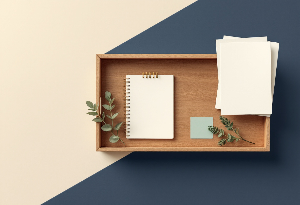 Skandinavisk flat illustration av en överblick av ett skrivbord med en bricka med prydligt sorterade blanka papper och en liten salviakvist, cremevitt och marinblått i poster-stil