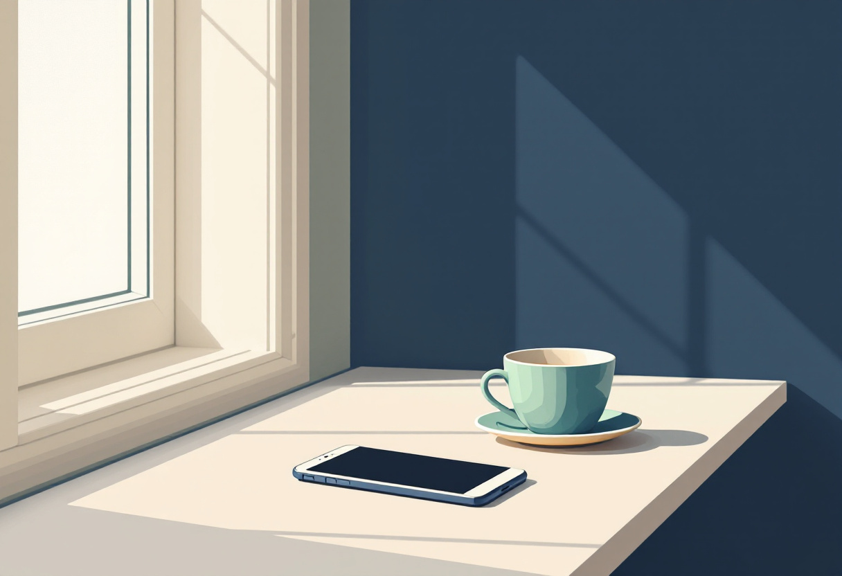 Skandinavisk flat illustration av ett lugnt skrivbord med en nedlagd mobiltelefon och en kaffekopp vid ett fönster i morgonljus, cremevitt och marinblått i poster-stil