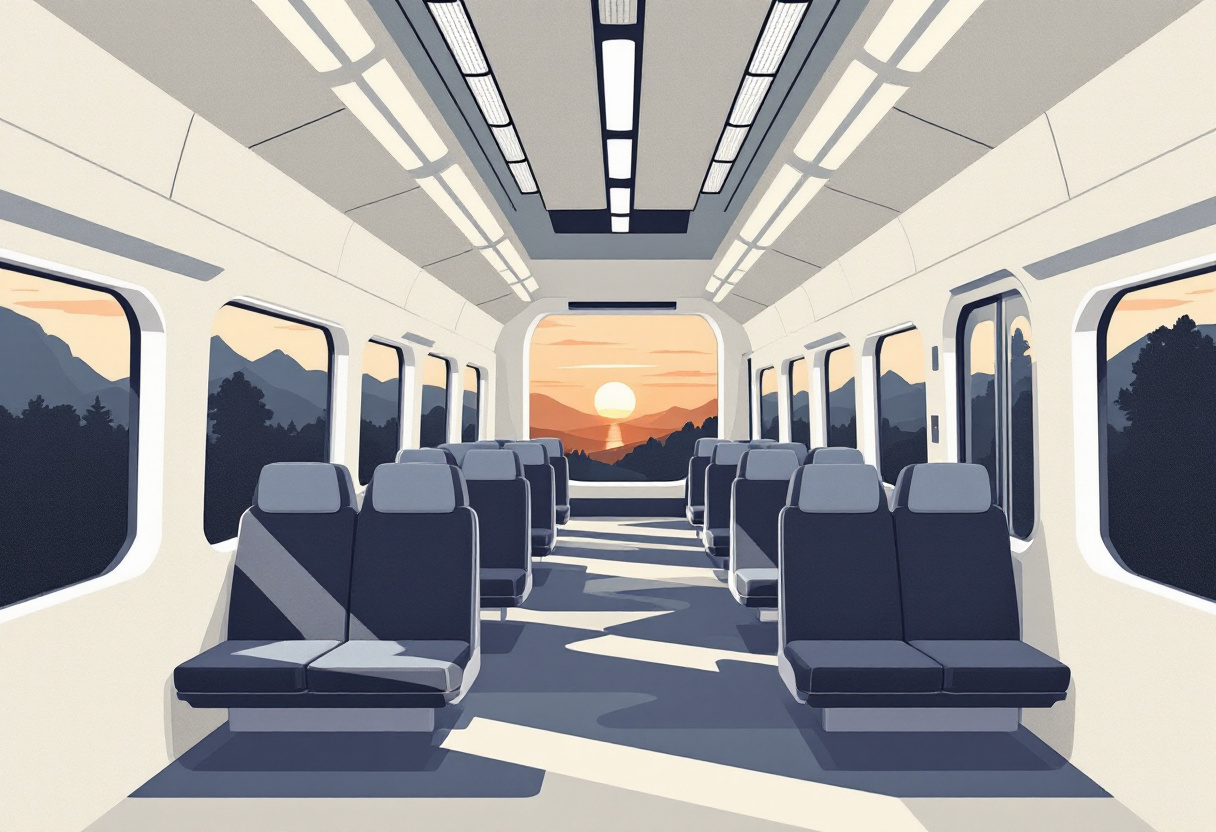 Skandinavisk illustration av en tom modern tågkupé i skymning med sätesrader och stora fönster mot ett stilla landskap