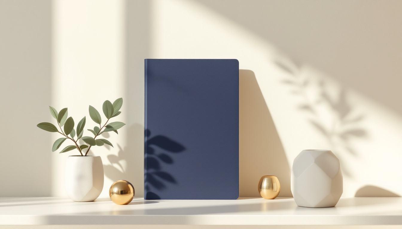 Modern editorial illustration of a quiet Scandinavian office shelf with a closed navy portfolio, brass paperweight and a small sage plant in soft morning light
