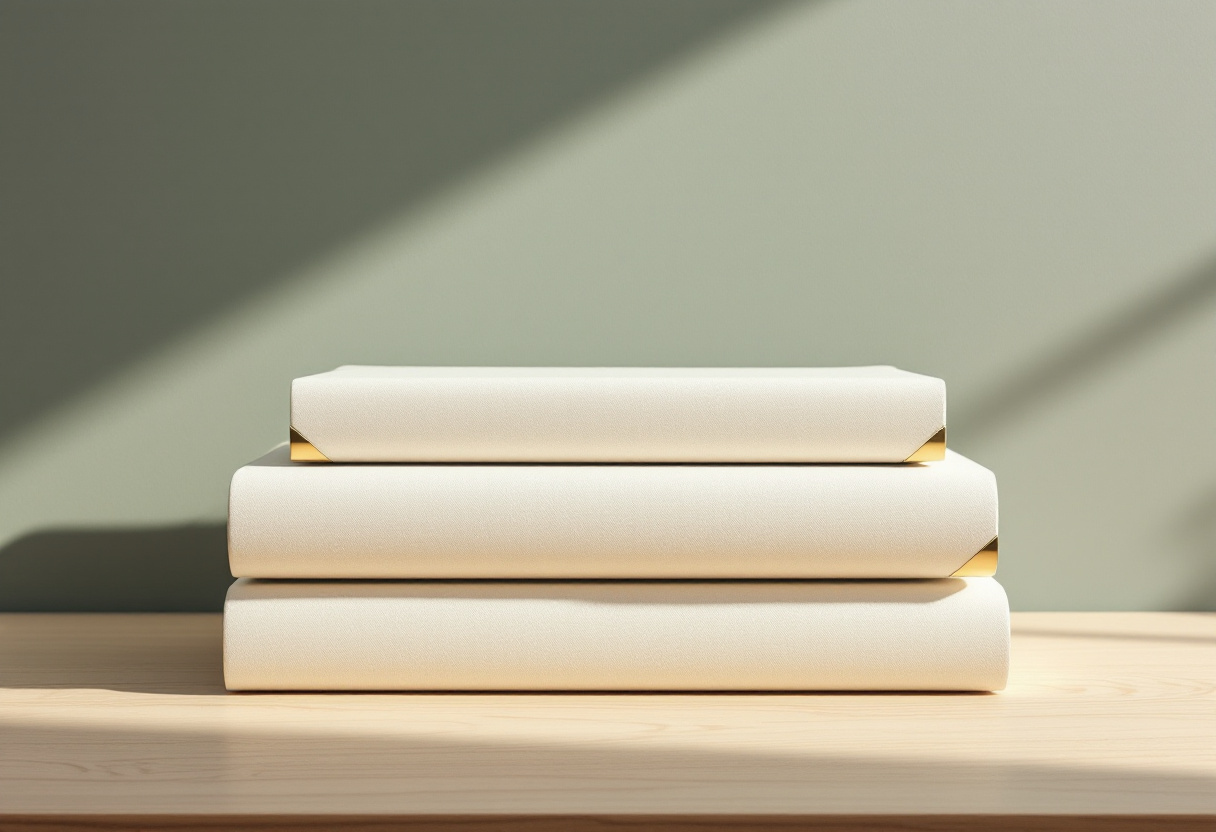 Modern editorial illustration of three stacked cream linen folders with brass corner clips on pale oak, no text visible