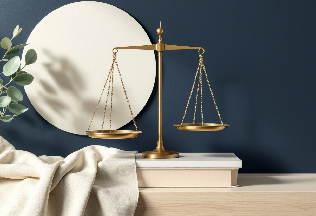 Modern editorial illustration of a brass balance scale on pale oak with cream and sage linen folds, no numbers visible
