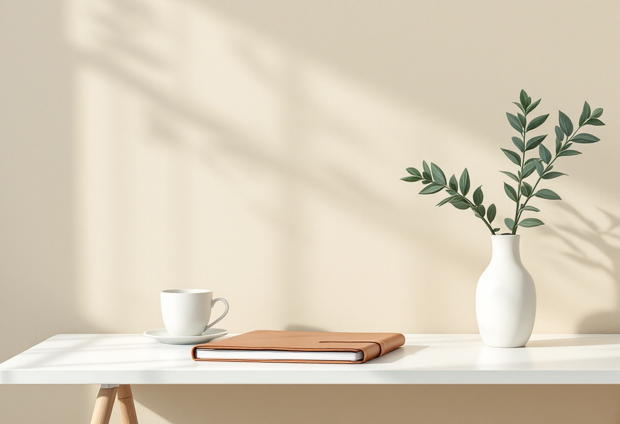 Stilla nordiskt skrivbord med en stängd läderpärm, en kaffekopp och en salviakvist i en smal keramikvas mot en krämvit vägg