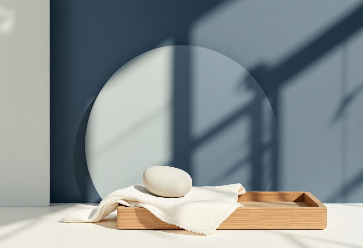 Balanserat stilleben med en liten slät flodsten på ena sidan av en träbricka och en något tyngre mässingsvikt på den andra, en vikt linnetuk under, mjukt sidoljus