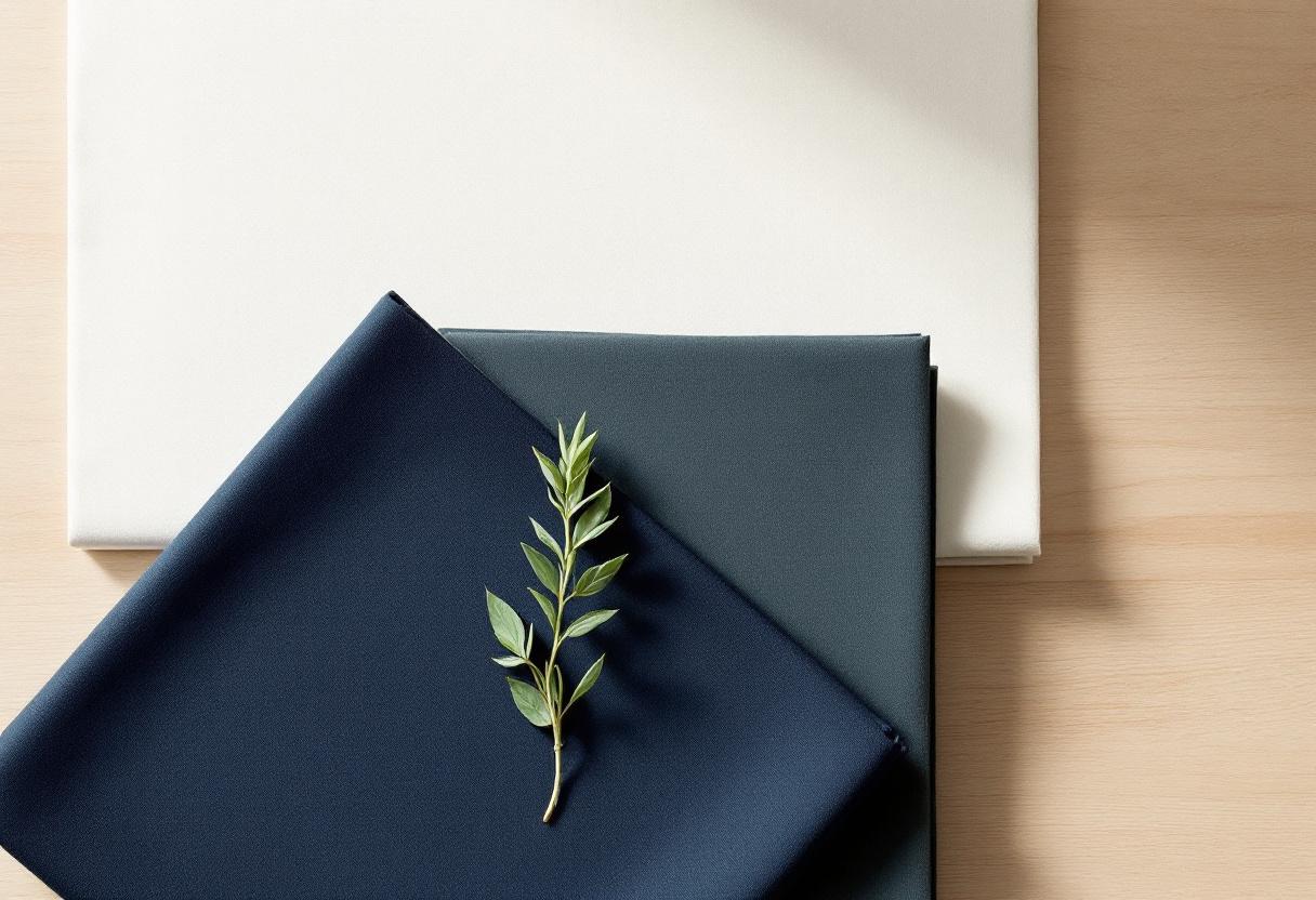 Två vikta linnedukar parallella på blek ek, en något större än den andra, med en enda salviakvist mellan dem i generös negativ yta