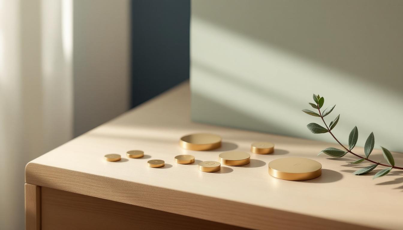 Rad små numrerade mässingsbrickor i graduerade toner på blek ek med en salviakvist bredvid i mjukt morgonljus