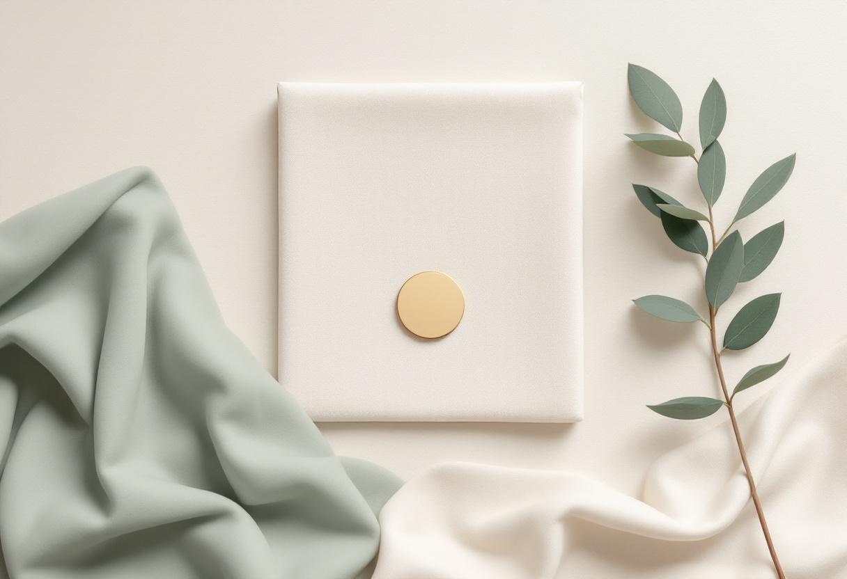 Översikt av en oval mässingsbricka på ett vikt krämfärgat linnetyg på blek ek, med ett salviablad bredvid