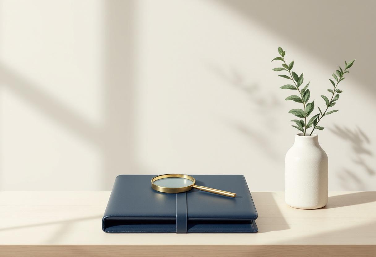 Stilleben med ett litet förstoringsglas på en stängd läderportfölj på blek trä, med en salviakvist i en smal keramikvas bredvid