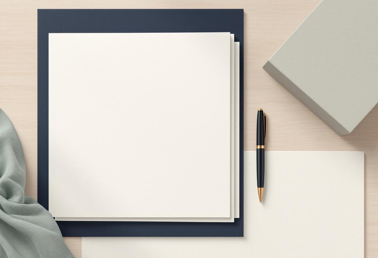 Översikt av ett vikt krämfärgat linnetyg på blekt ek, ett runt mässingsbrevpress i mitten och en reservoarpenna bredvid