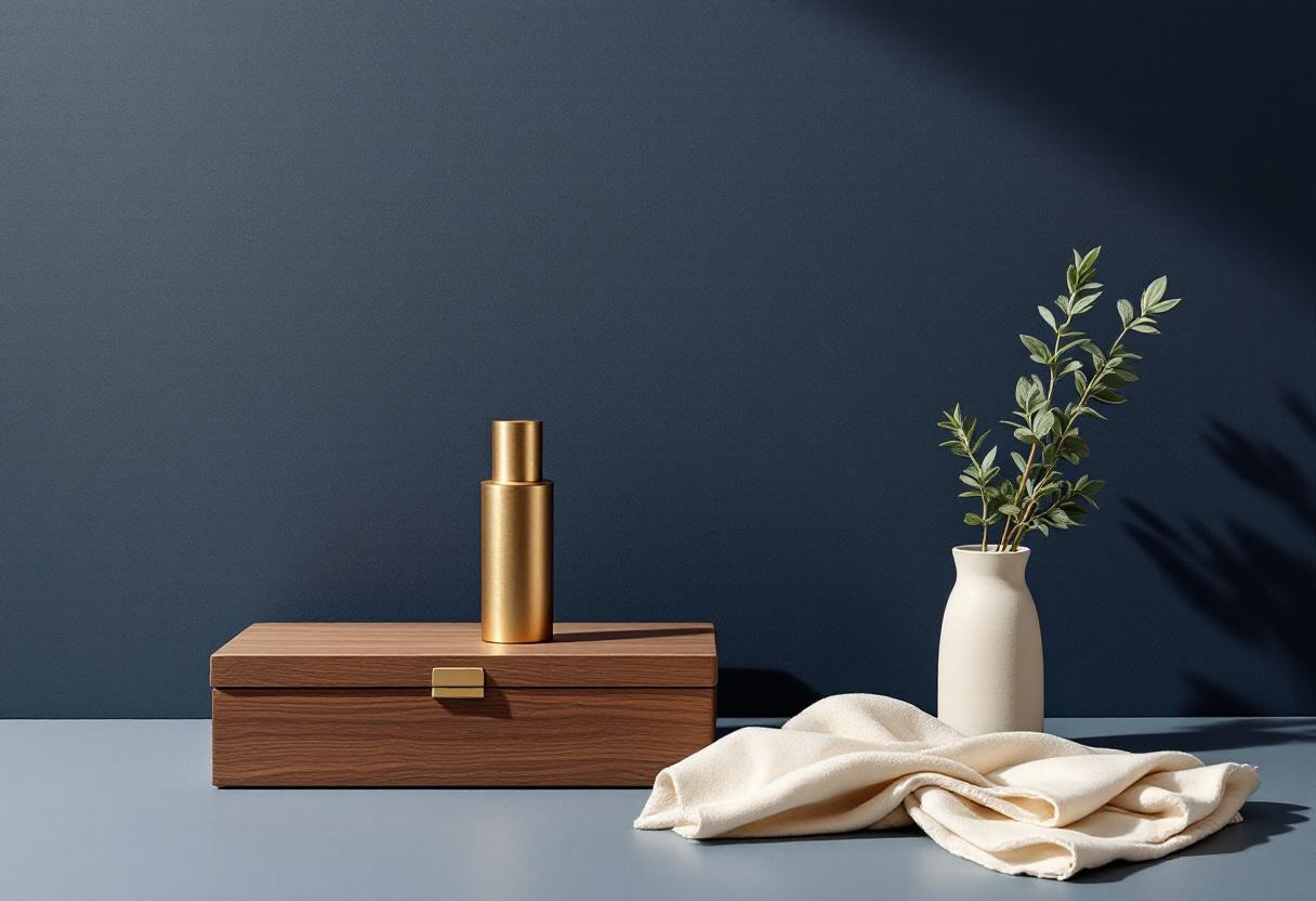 Stilleben med en upprätt mässingscylinder på en stängd valnötslåda, en vikt linnetuk bredvid och en salviakvist i en smal keramikvas