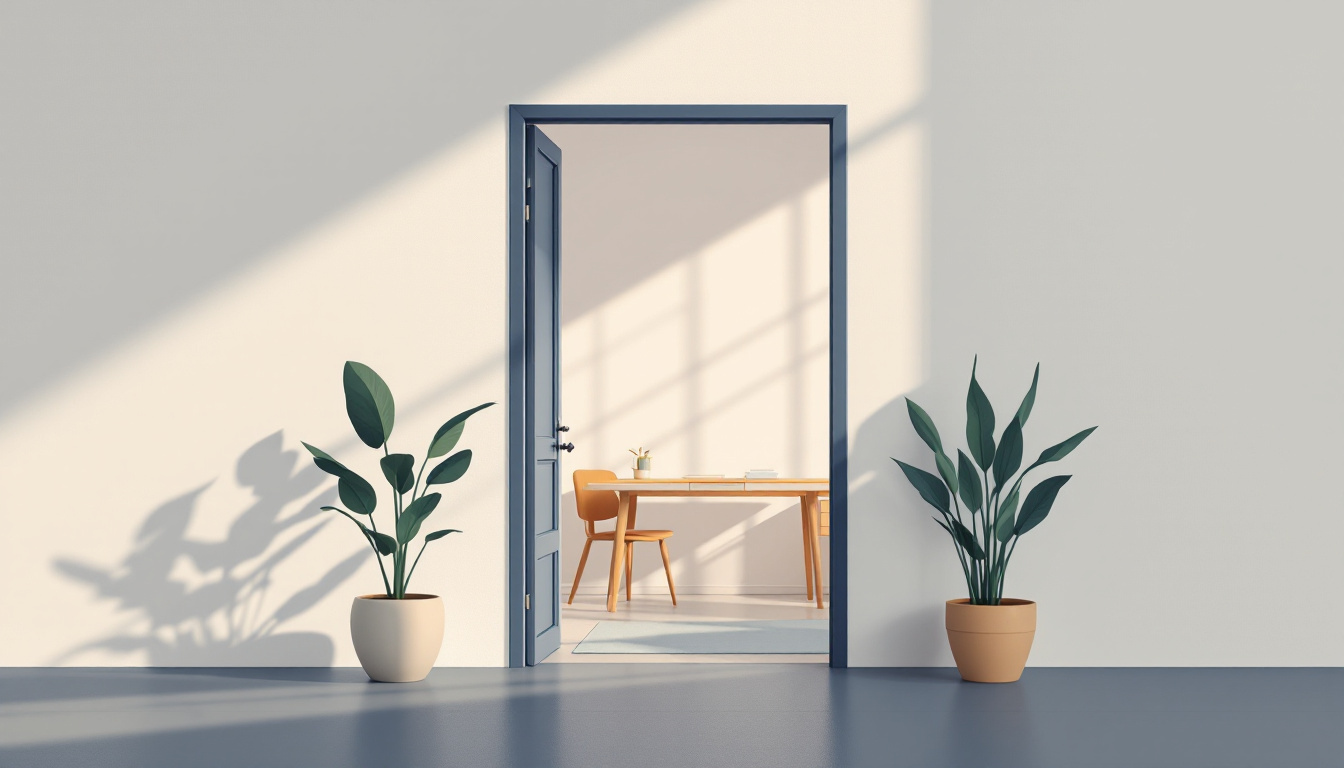 Skandinavisk flat illustration av en öppen dörr ut mot ett ljust rum med en krukväxt och ett skrivbord i morgonljus, marinblått och amber i poster-stil
