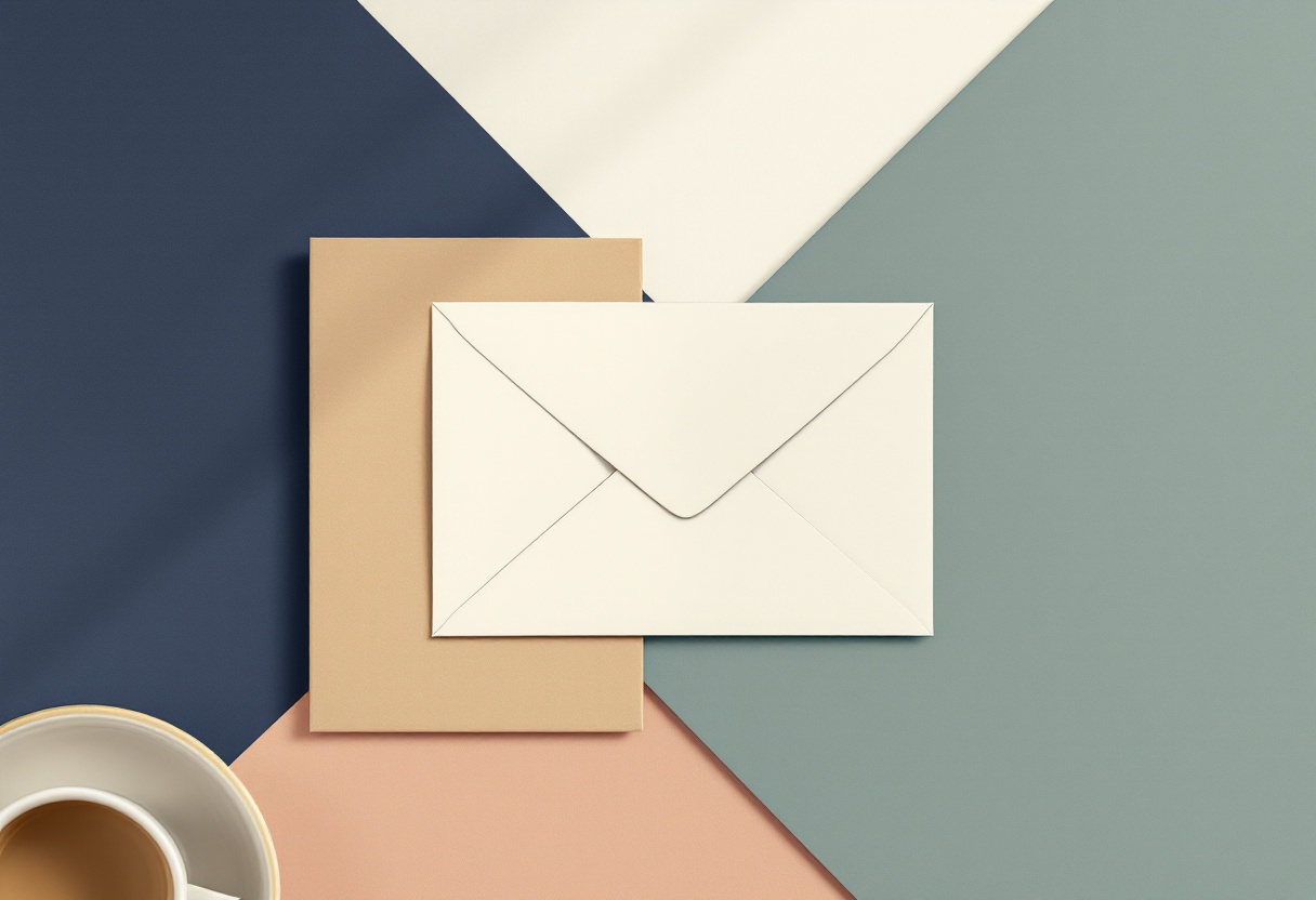 Skandinavisk flat illustration av ett slutet kuvert på ett träskrivbord bredvid en kaffekopp i mjukt sidoljus, cremevitt och marinblått i poster-stil