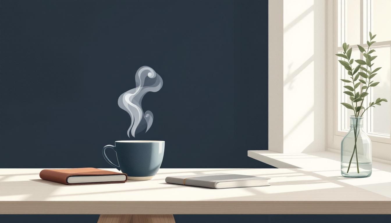 Skandinavisk frukosthörna med en ångande keramikkopp på blekt ek vid fönstret, en stängd läderanteckningsbok och en salviakvist i en smal keramikvas