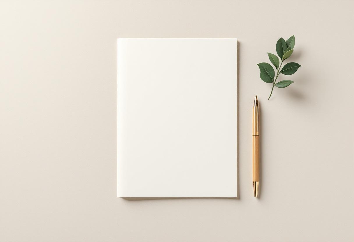 Översikt av ett vikt blankt krämfärgat pappersark på blek ek, en reservoarpenna bredvid och ett litet salviablad som brevpress
