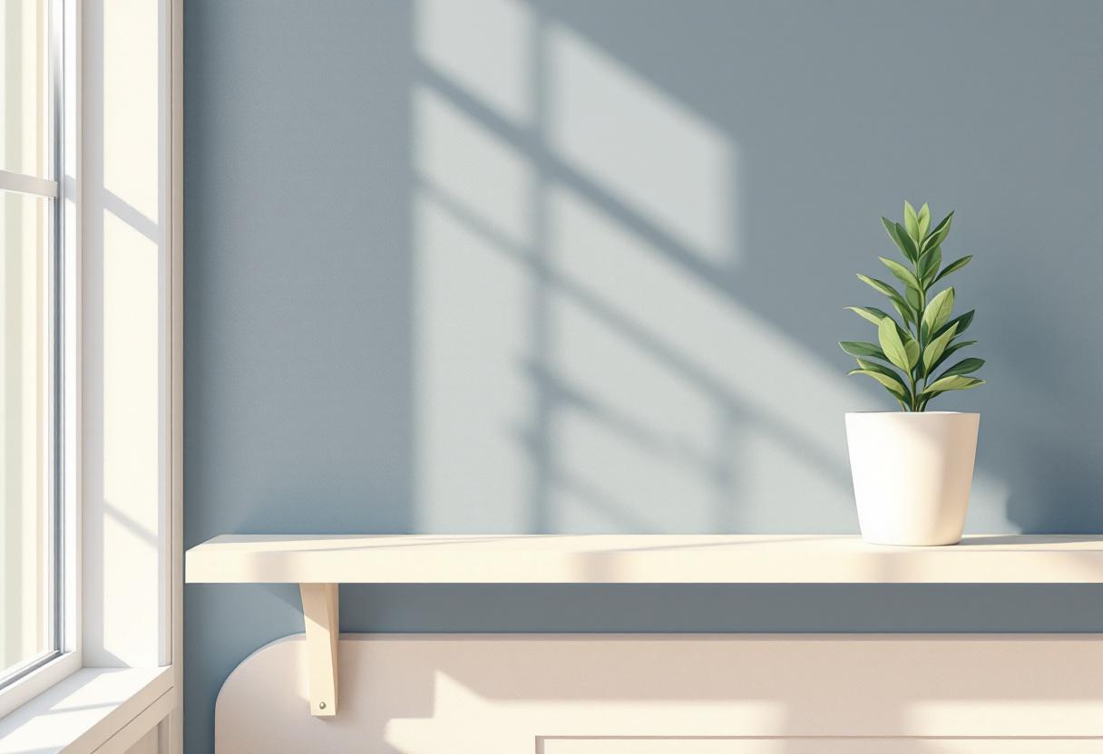 En liten salviaplanta i en keramikkruka på en blek trähylla med generös negativ yta, mjukt sidoljus från ett fönster